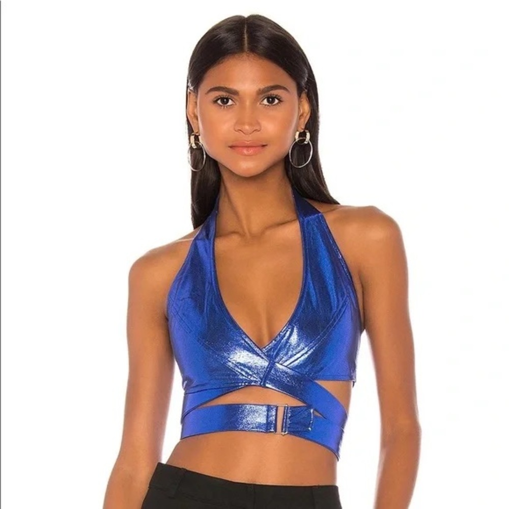 🦋 Superdown Deanna Halter Wrap Top – Blue Metallic
